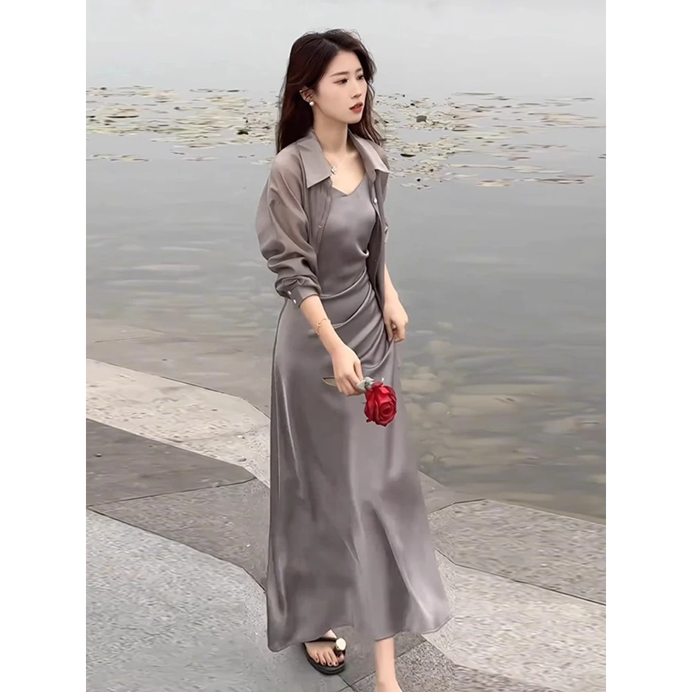 轻熟风连衣裙套装女夏季新款收腰显瘦吊带裙防晒衫衬衣洋气两件套