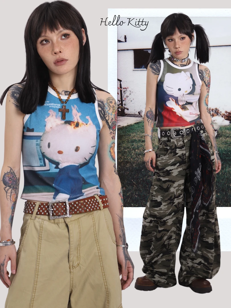 happyes“kt也疯狂”复古吊带背心/辣妹短款工字直喷背心显瘦夏季