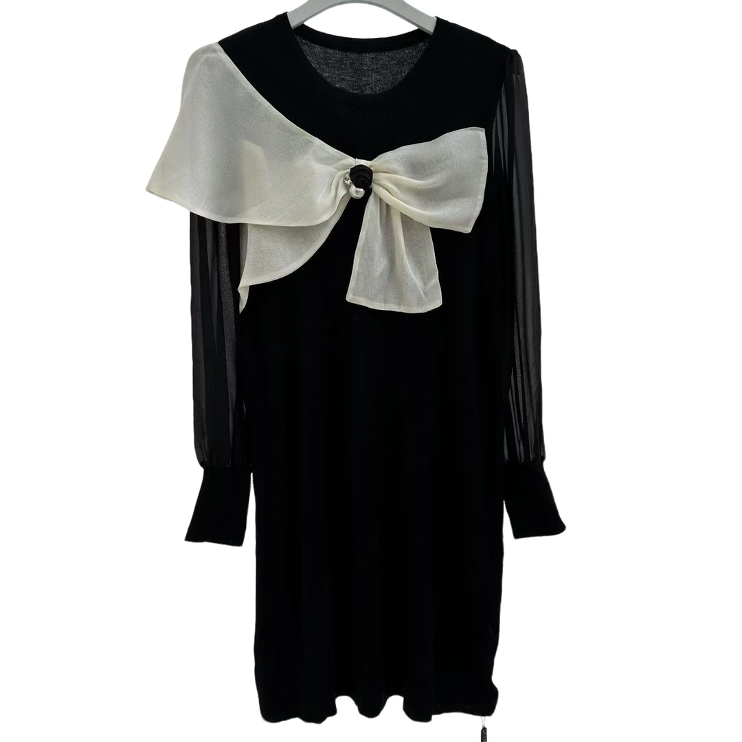 223春季新款圆领灯笼袖蝴蝶结拼接连衣裙时尚