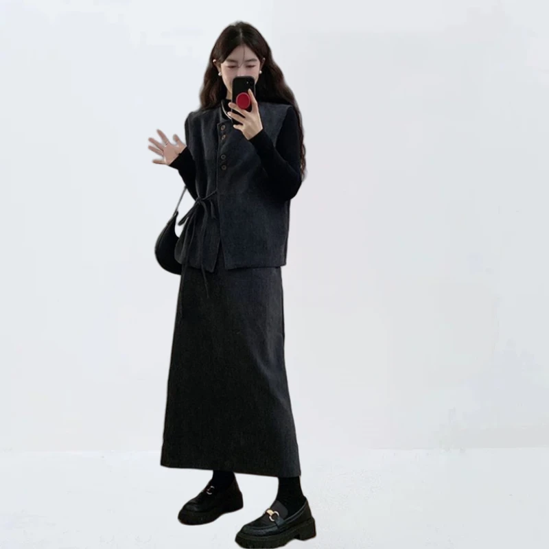 胖mm特大码300斤新中式马甲套装女春秋季宽松打底衫半身裙三件套2