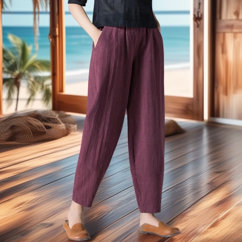 【现货+运费险】棉麻休闲裤子春夏宽松哈伦裤高腰大码九分萝卜松紧