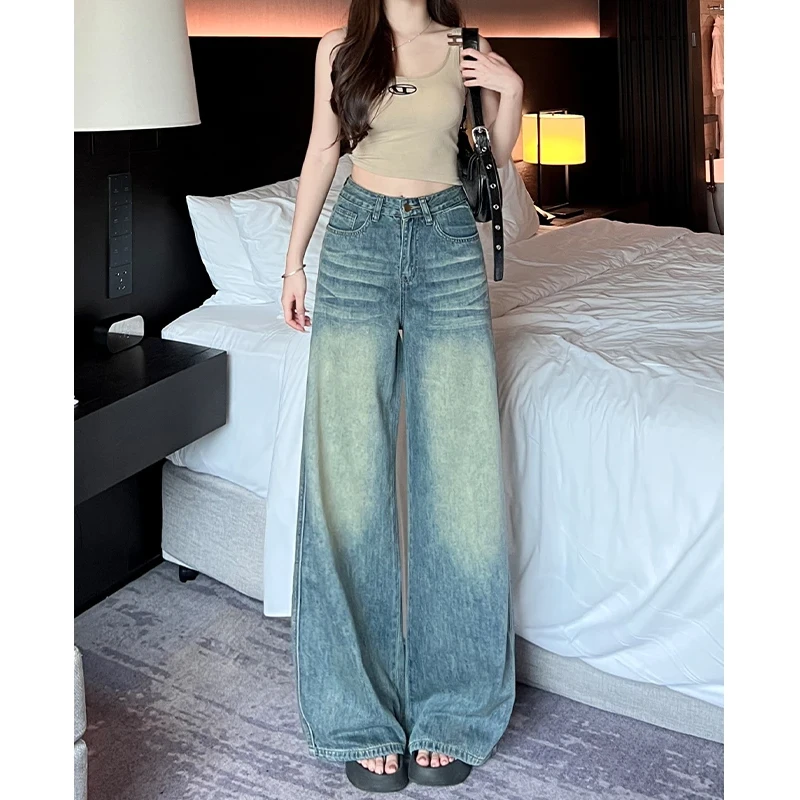 美式水洗复古高腰牛仔裤女2025秋季新款宽松百搭休闲阔腿拖地裤潮