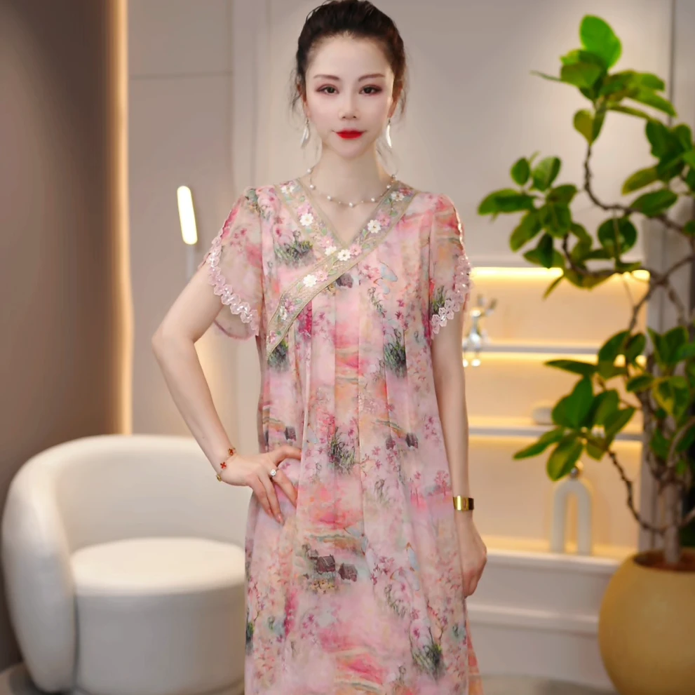 气质轻奢时尚阔太太古色古香连衣裙显瘦修身