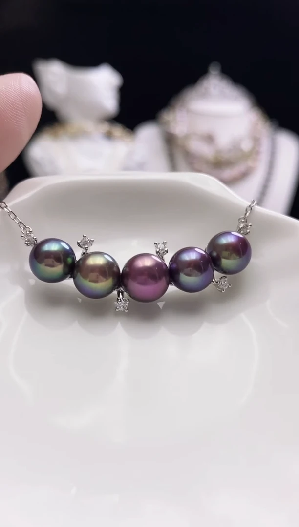 项链银S925镶嵌淡水珍珠淡水紫珠微笑项链