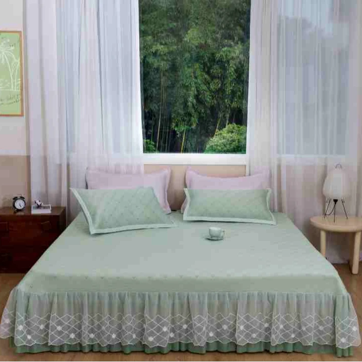 【床裙款】夏天冰丝凉席三件套裸睡折叠软席可水洗防滑—爱心