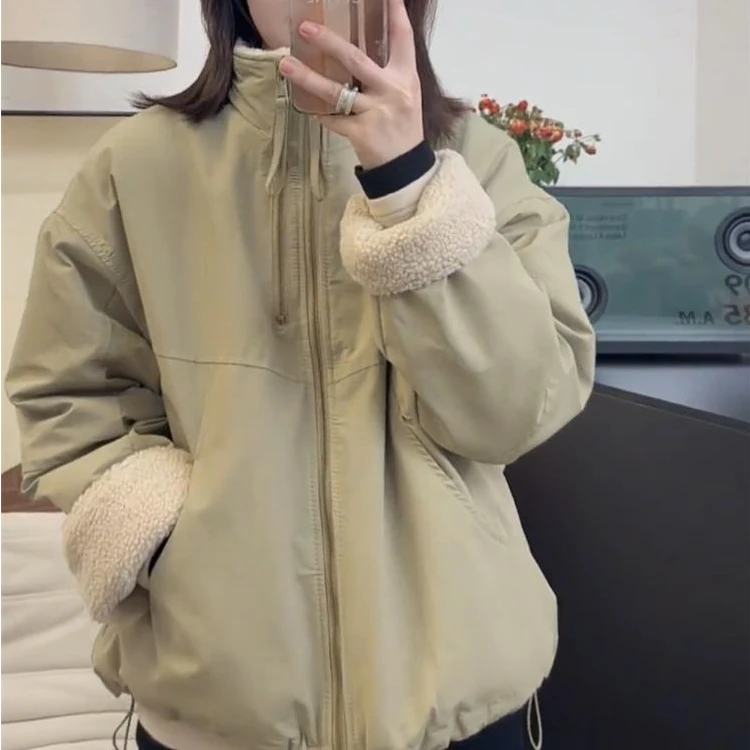 设计感超好看双拉链羊羔绒棉衣冲锋衣女2025新款秋装加厚棉服外套