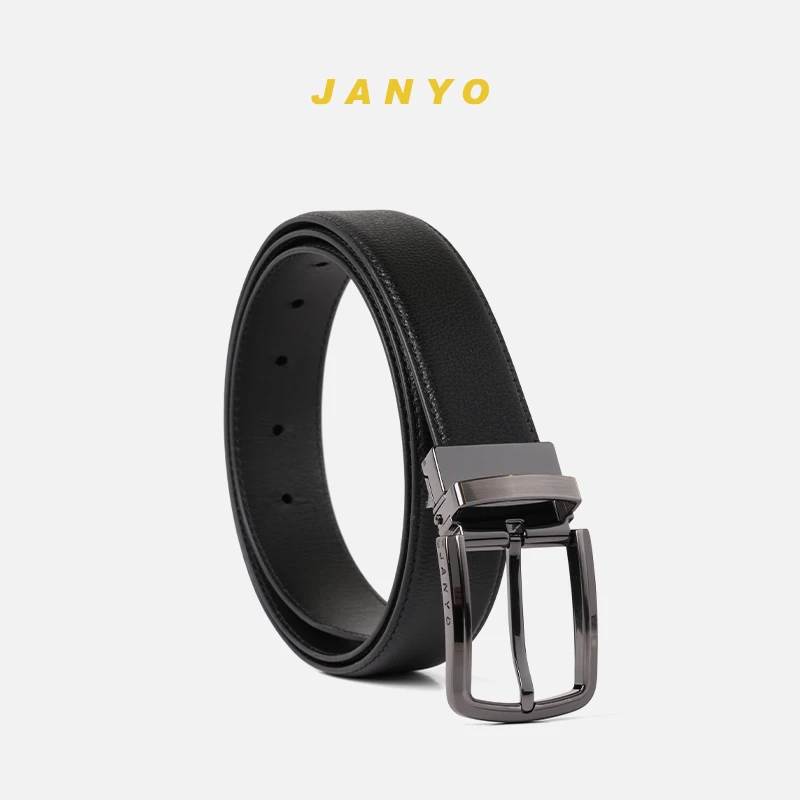 JANYO/杰有针孔头层牛皮经典黑色光面腰带简约方扣皮带商务男士