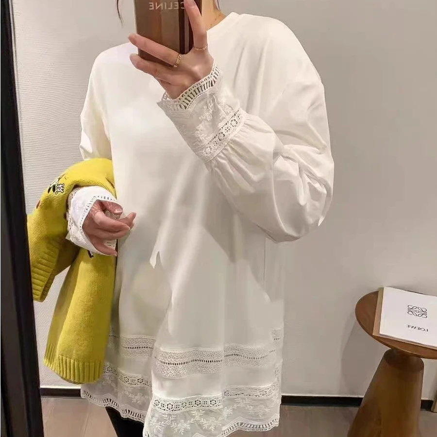 2025春新款圆领拼接蕾丝镂空下摆小众设计感套头打底衫女