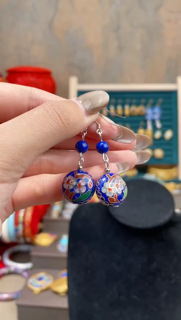 【闪购商品】非遗景泰蓝耳环扁珠宝蓝