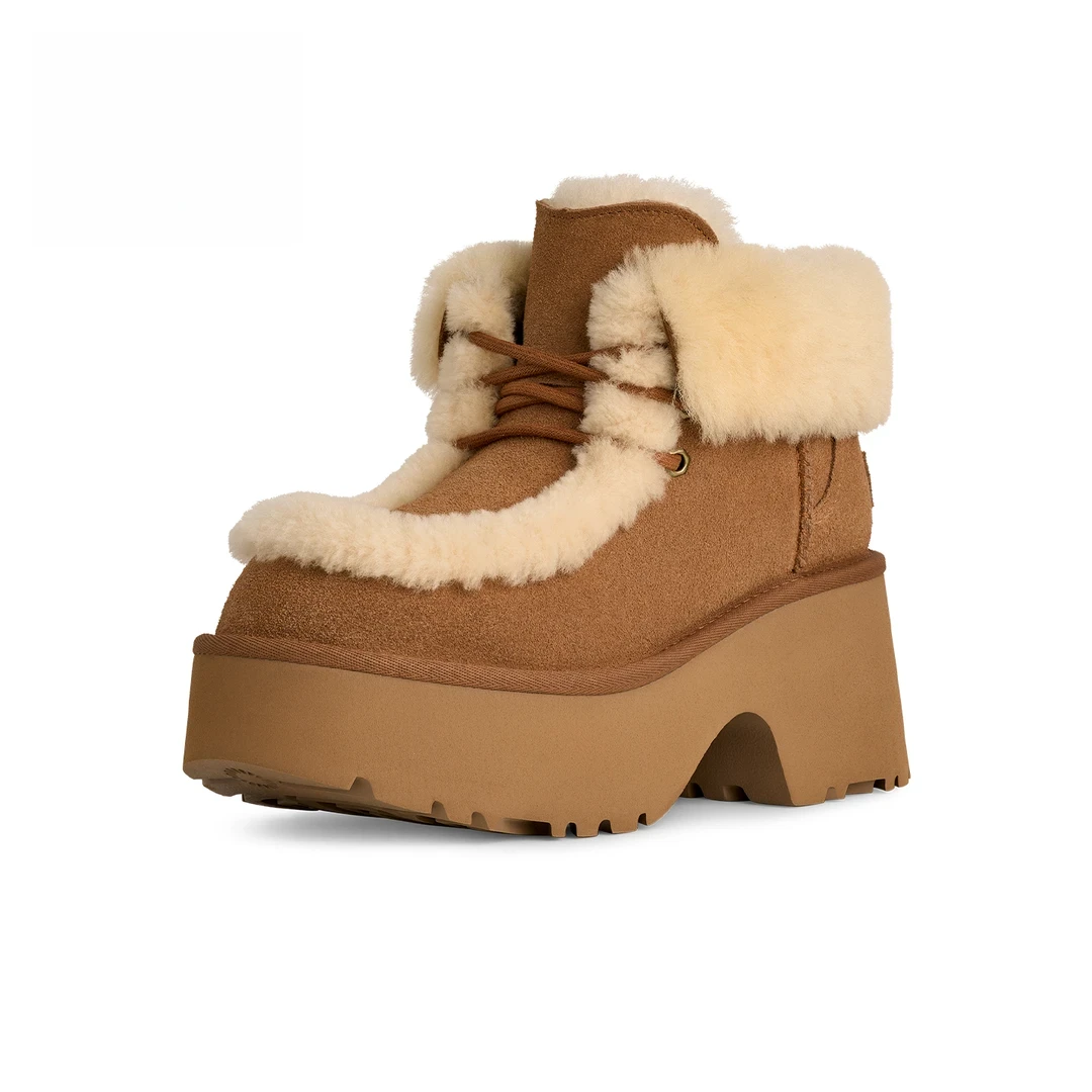 【周大米】冬季加厚筒靴厚底女士休闲厚底溢毛系带短靴