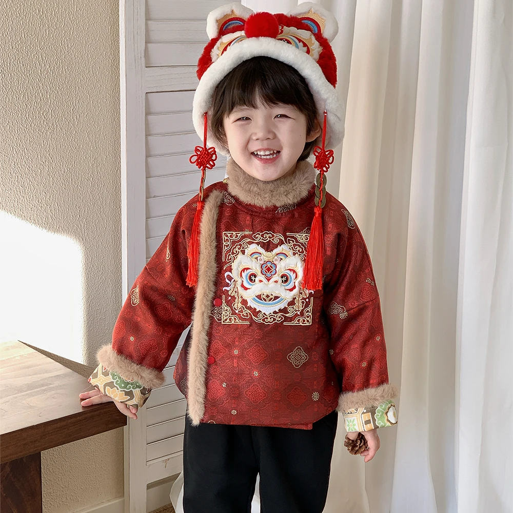 【小狮子】拜年服男童织金喜庆红色新年装中国风高端儿童过年服古装