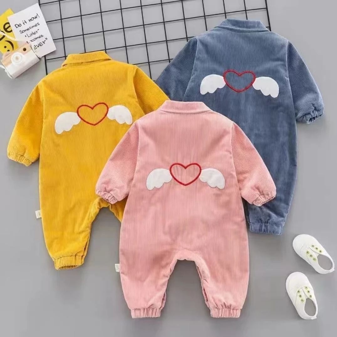 新款春秋款灯芯绒单兜爱心翅膀刺绣双层婴儿幼儿宝宝衣服童装