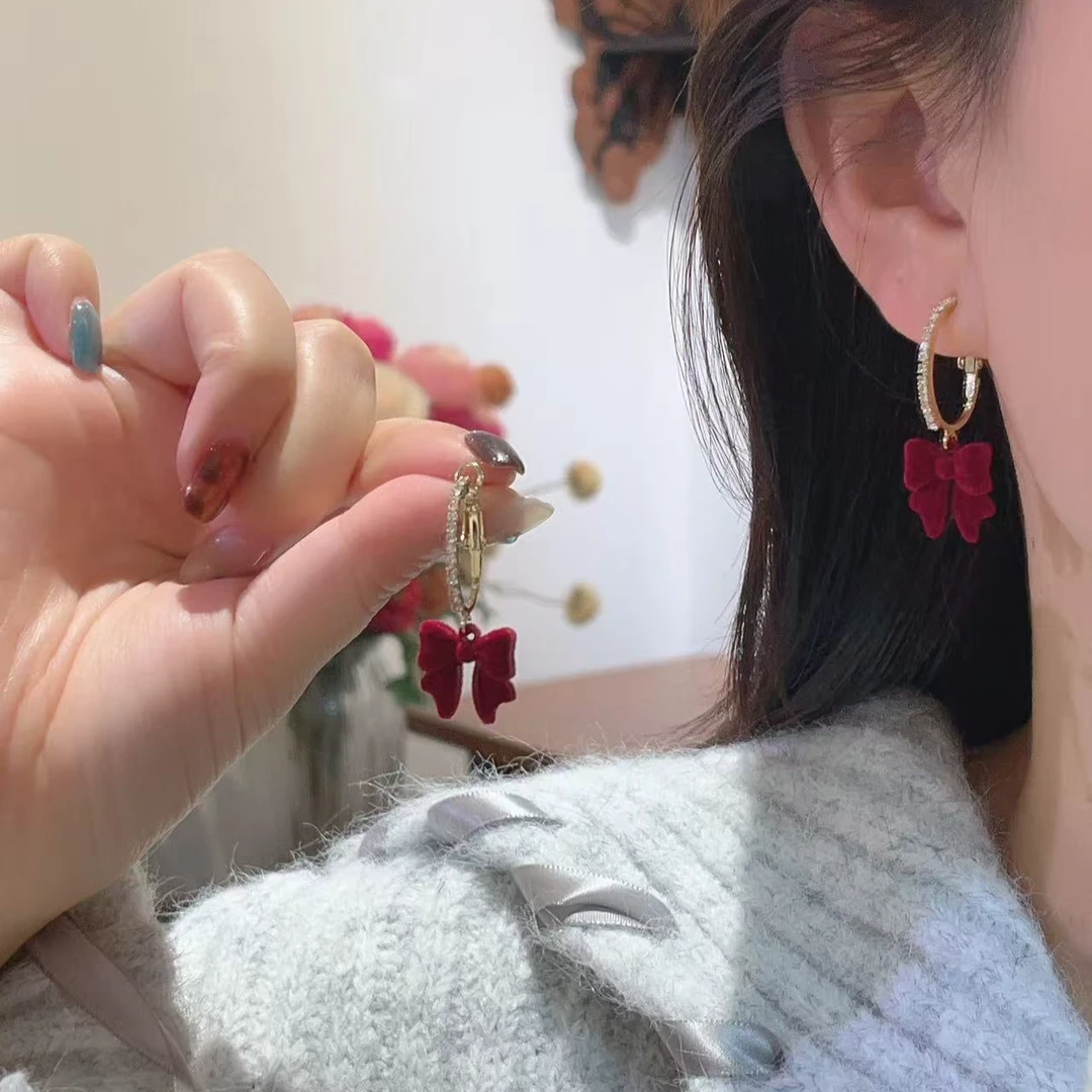 铜合金耳饰 秋冬法式复古圣诞节氛围感红色甜美喜庆蝴蝶结耳扣532