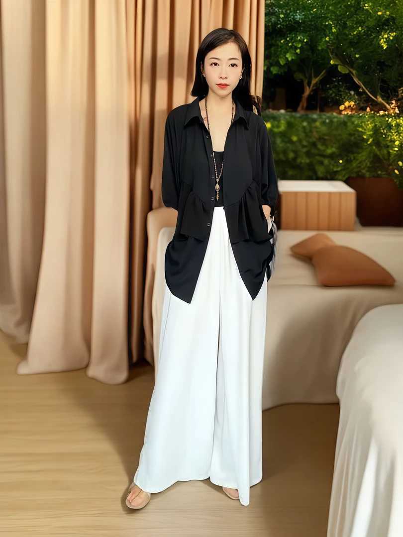 衬衫夏季上衣拼接短袖白色时尚气质休闲通勤优雅衬衫366(黑色)