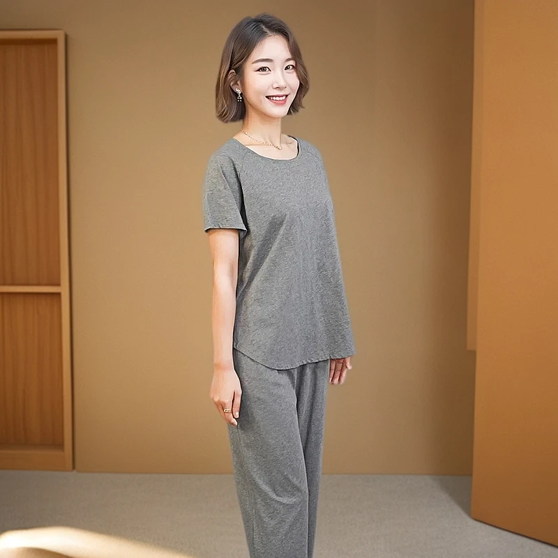 S58女款针织系带短袖长裤家居套装