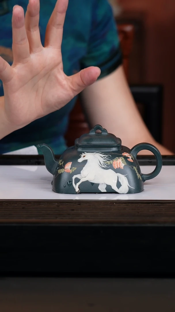 茶壶紫砂nxa绿泥泥绘白马刻字方器220cc