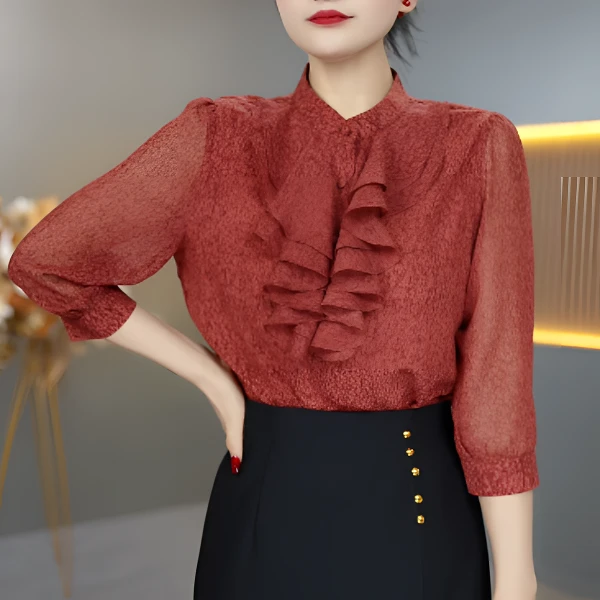 【宫廷绛红】新款中袖轻奢衬衫夏季高端气质小衫上衣0324-4