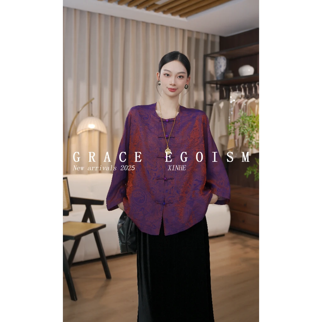 金禾【金禾专属】秋款国风花萝流光缎提花中式气质上衣3584