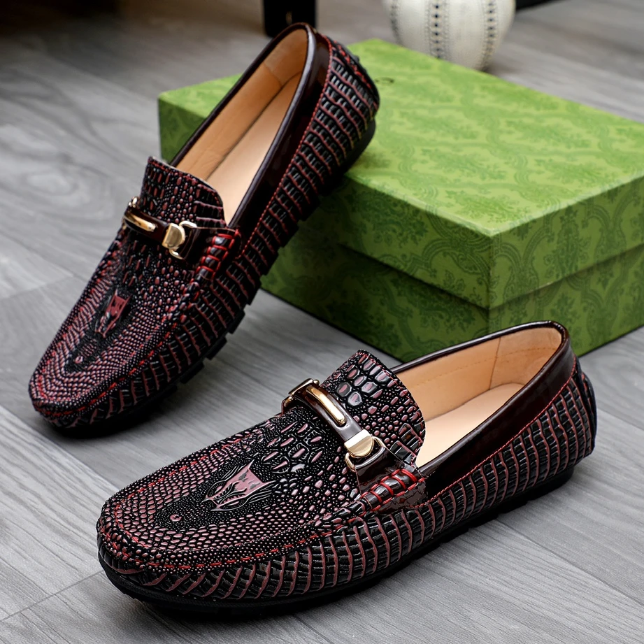 鳄鱼纹男士豆豆鞋2025新款时尚潮流皮鞋真皮驾车鞋一脚蹬软底皮鞋