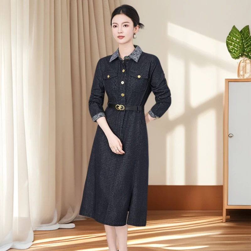 秋冬南油新品气质时尚显瘦复古收腰修身长袖翻领中长款牛仔连衣裙