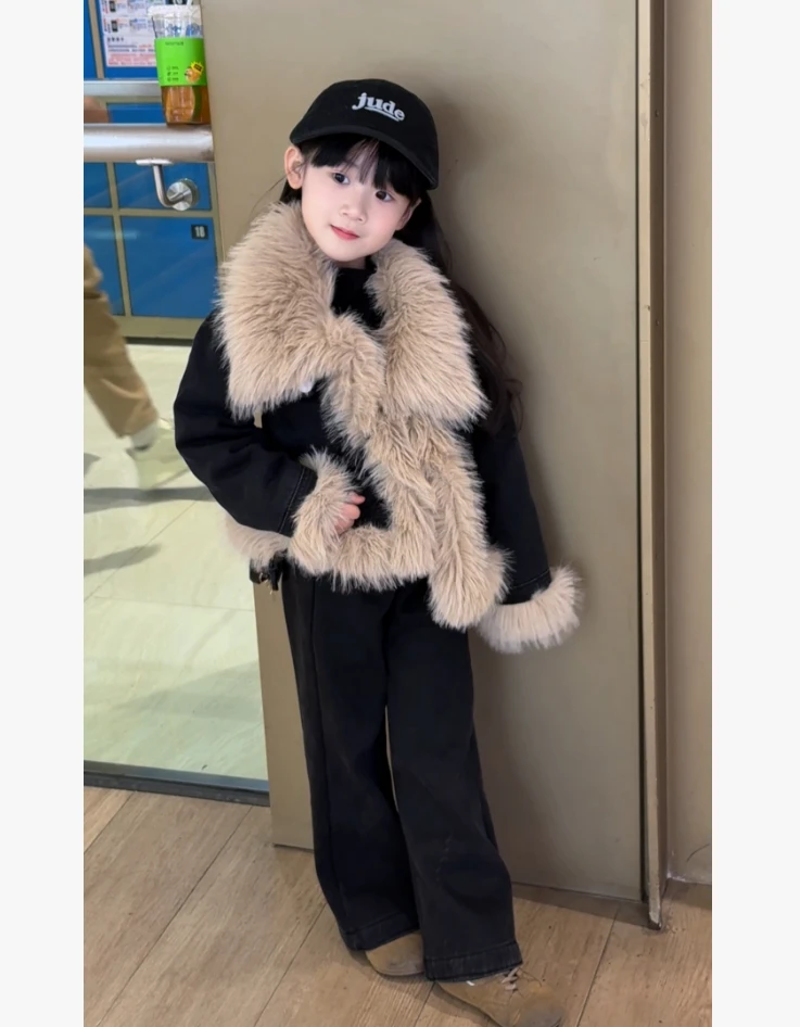 女童牛仔 2025新款中大童韩版加绒加厚保暖冬装毛毛衣加绒套装潮