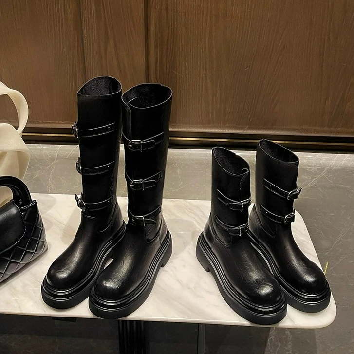 6/9cm增高~吴宣仪同款扣子靴女中高筒长筒靴黑色复古骑士机车短靴