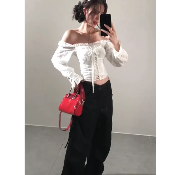 法式气质甜美系带一字肩衬衫上衣女春夏新款收腰显瘦休闲阔腿裤潮