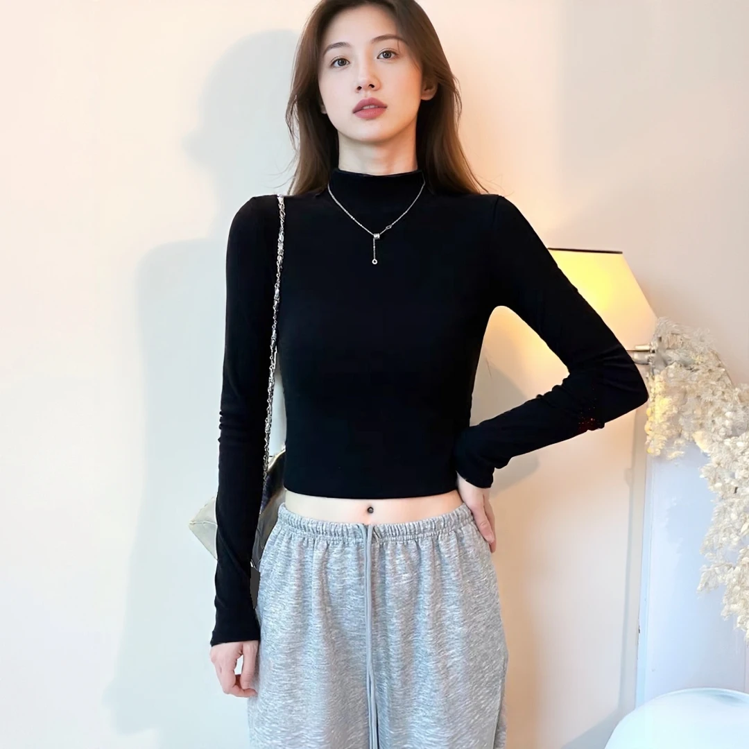 秋冬黑色半高领打底衫加绒短款长袖t恤女洋气内搭薄绒显瘦ins上衣