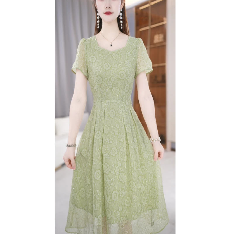 【连衣裙】夏季方领新款纯色时尚气质减龄通勤中长款连衣裙M-4XL