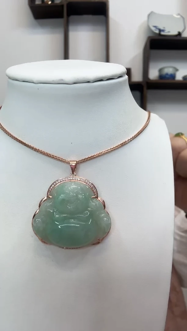 吊坠(赠链)银S925镶嵌翡翠佛公玫瑰边