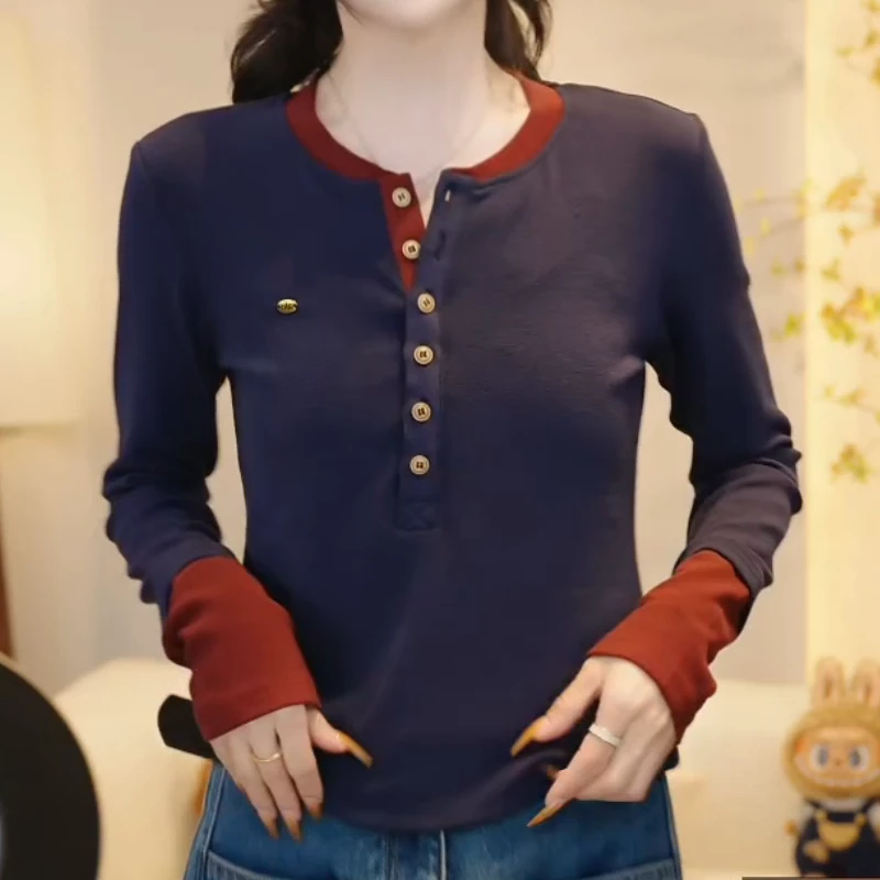 秋季设计感拼色假两件撞色修身显瘦T恤上衣LK2506123