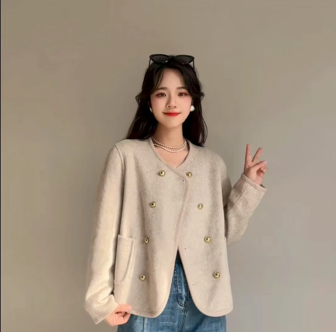 (TING)排扣短款毛呢外套女时尚甜美女装小香风轻奢常规款 25075