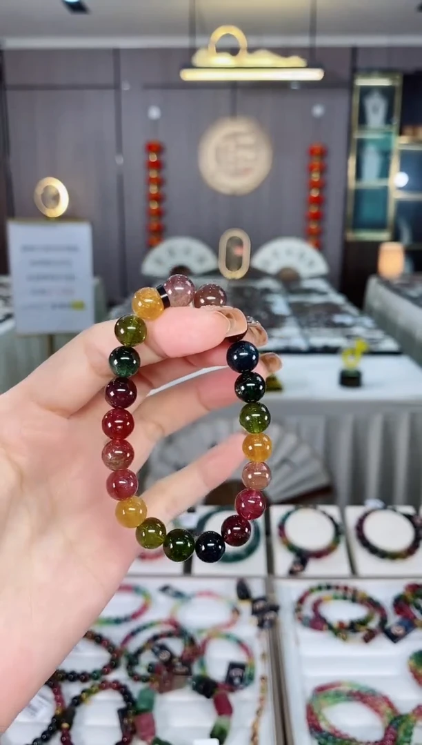 老矿碧玺色标彩虹透体单圈手串9mm+未镶嵌碧玺dan多样性发货一条
