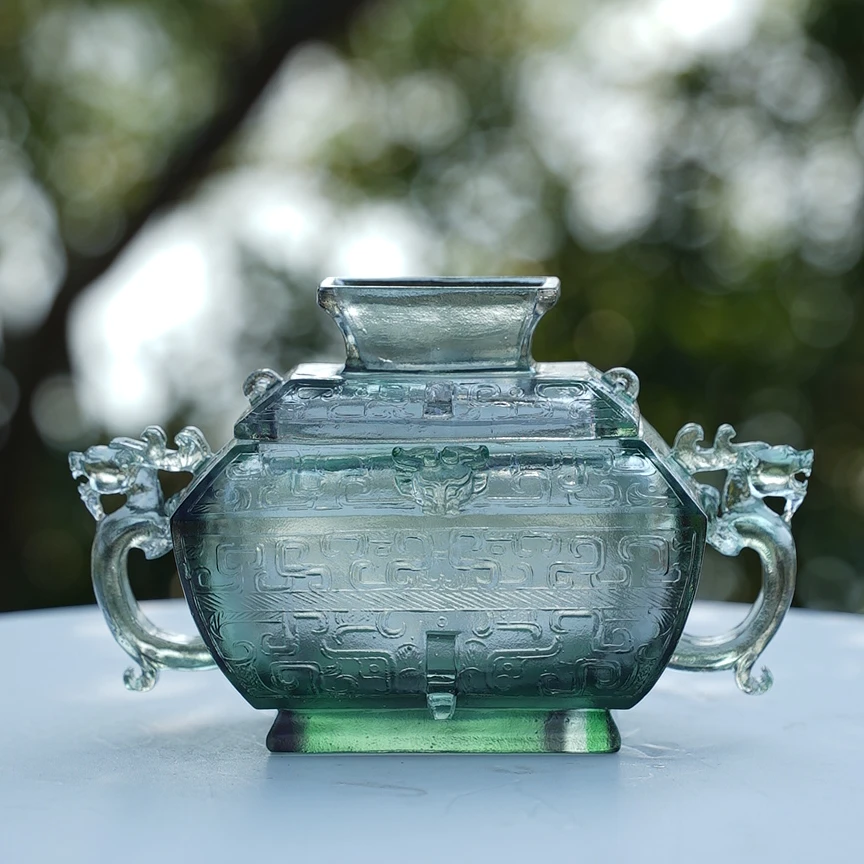 仓一艺术空间【双龙方彝】茶室茶桌中式禅茶水晶琉璃艺术摆件