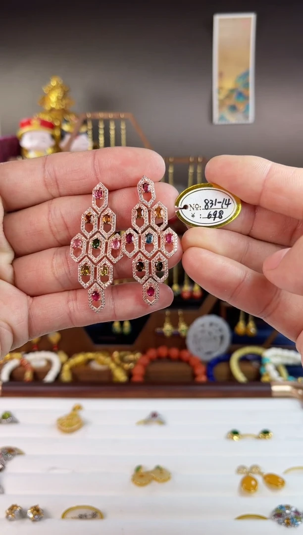 银S925镀金镶嵌耳饰碧玺猫眼，831-14碧玺耳针