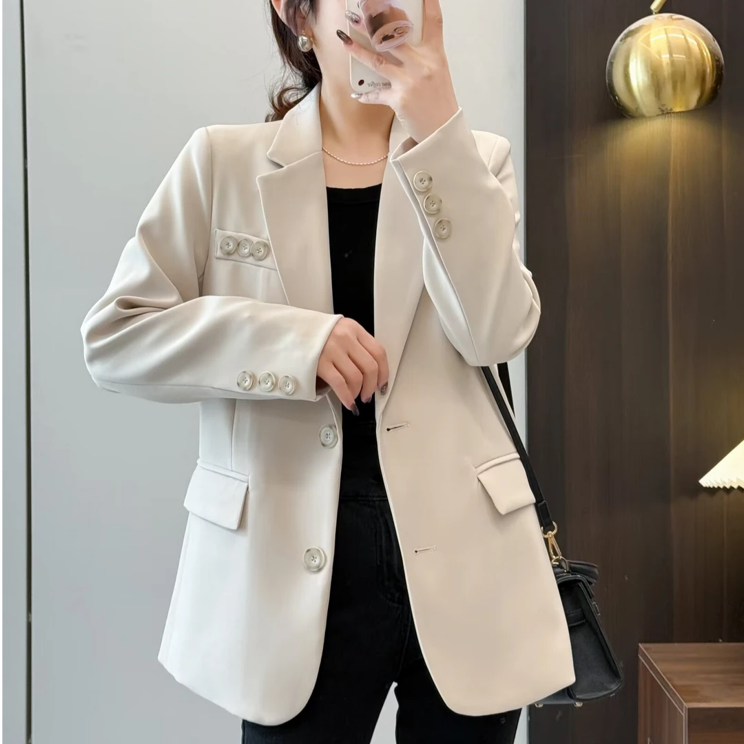 长袖西服2025春装新款女装时尚宽松亮扣装饰中长款西装外套