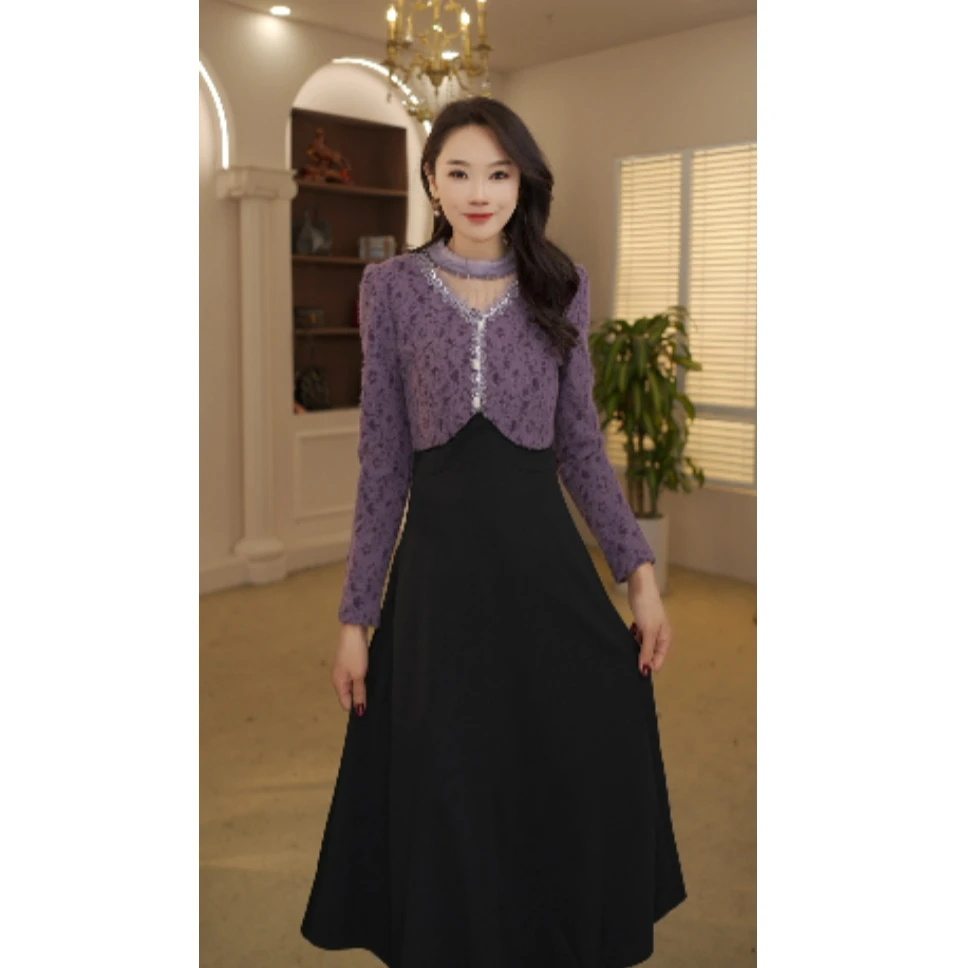 8216时尚气质减龄显瘦洋气收腰百搭紫色连衣裙M-4XL