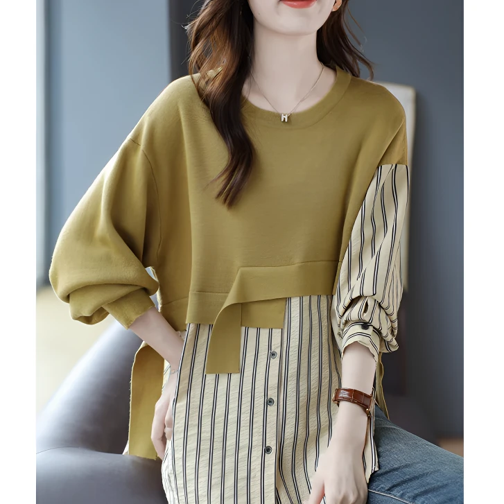 圆领针织拼接条纹假两件衬衫春秋季新款长袖设计感上衣