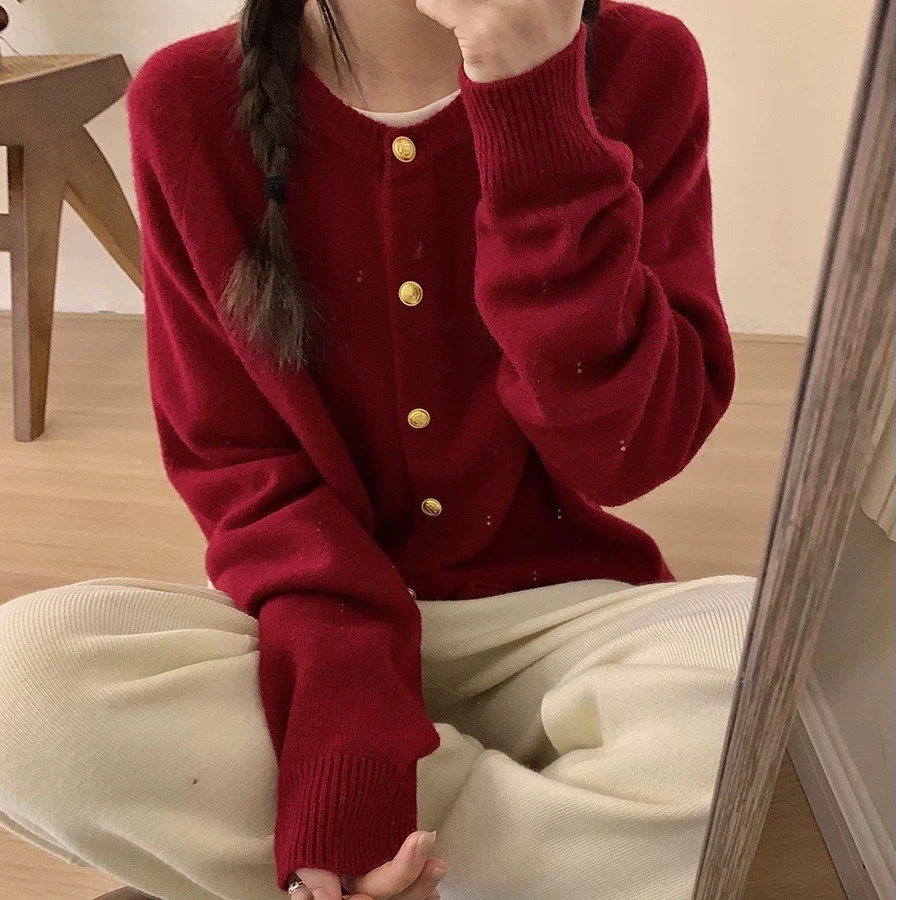（非图片款直播间为准）秋冬红色重工针织衫百搭复古宽松
