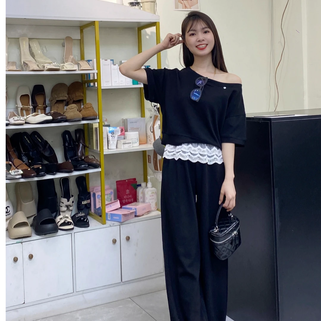 AXJ  小众慵懒套装  夏日休闲显瘦拼接蕾丝花边套装