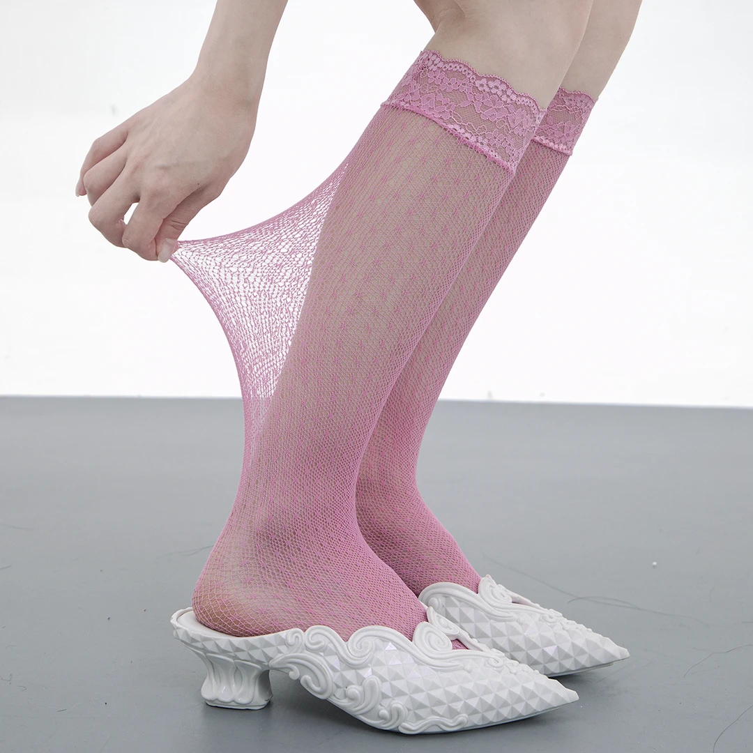 SS2L春夏欧若少女风糖果蕾丝花边波点渔网镂空小腿袜中筒袜子女