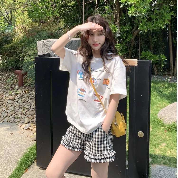 专柜撤回捡漏~宽松圆领减龄印花短袖纯棉T恤女休闲百搭显瘦上衣