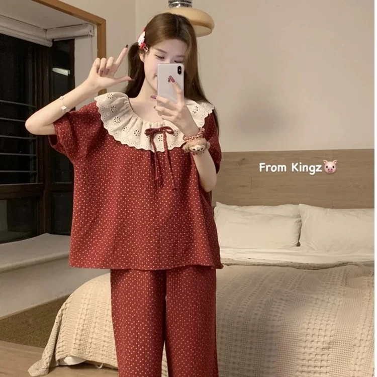 睡衣女款爆款2025新款简约复古高级感睡衣短袖长裤少女套装居家服