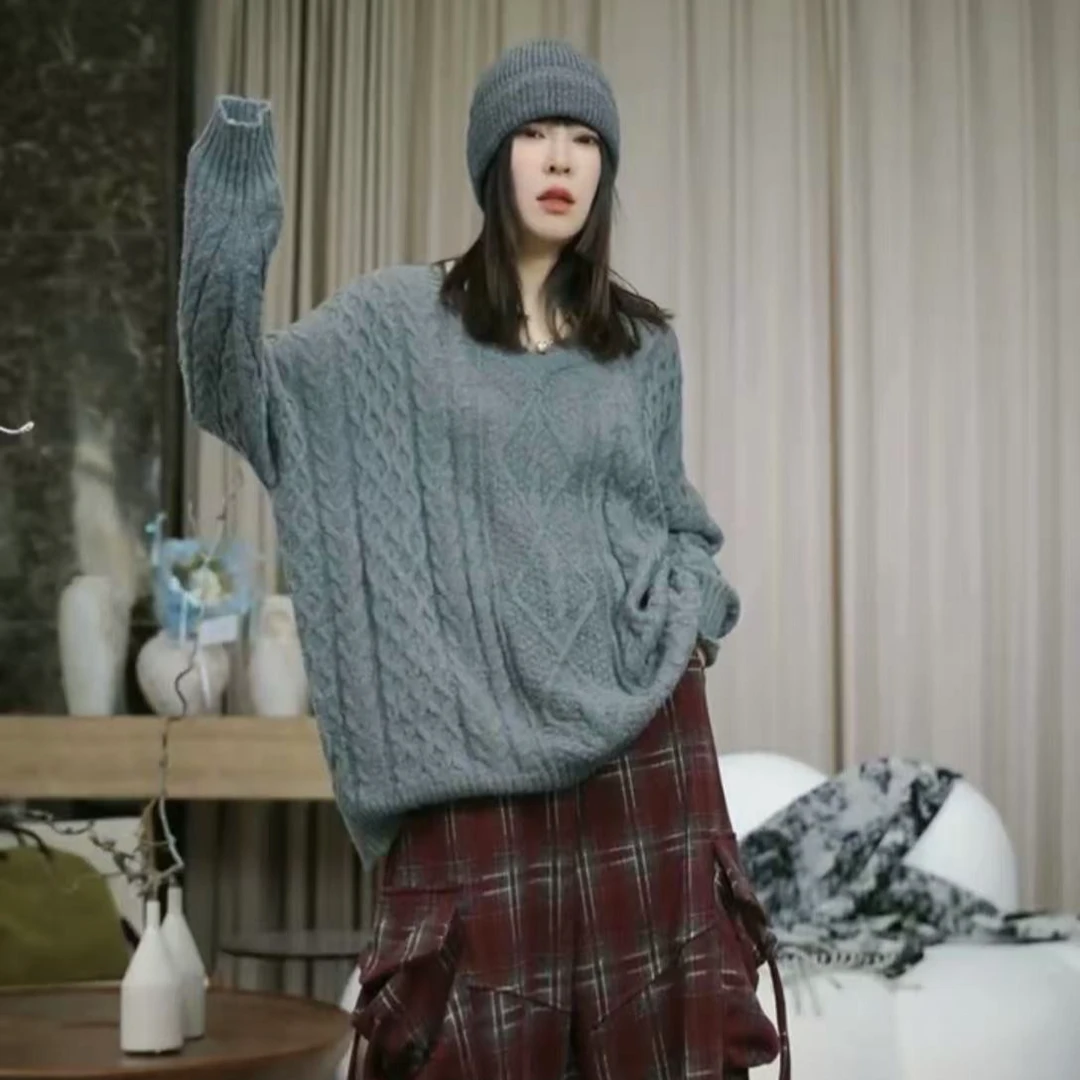 infobyfive福利新款针织宽松长袖彩色V领毛衣2DI2902