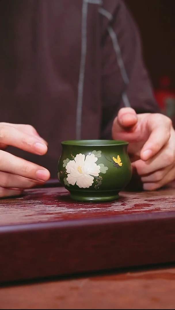 紫砂公道杯宜兴原矿紫砂  绿泥缸杯牡丹