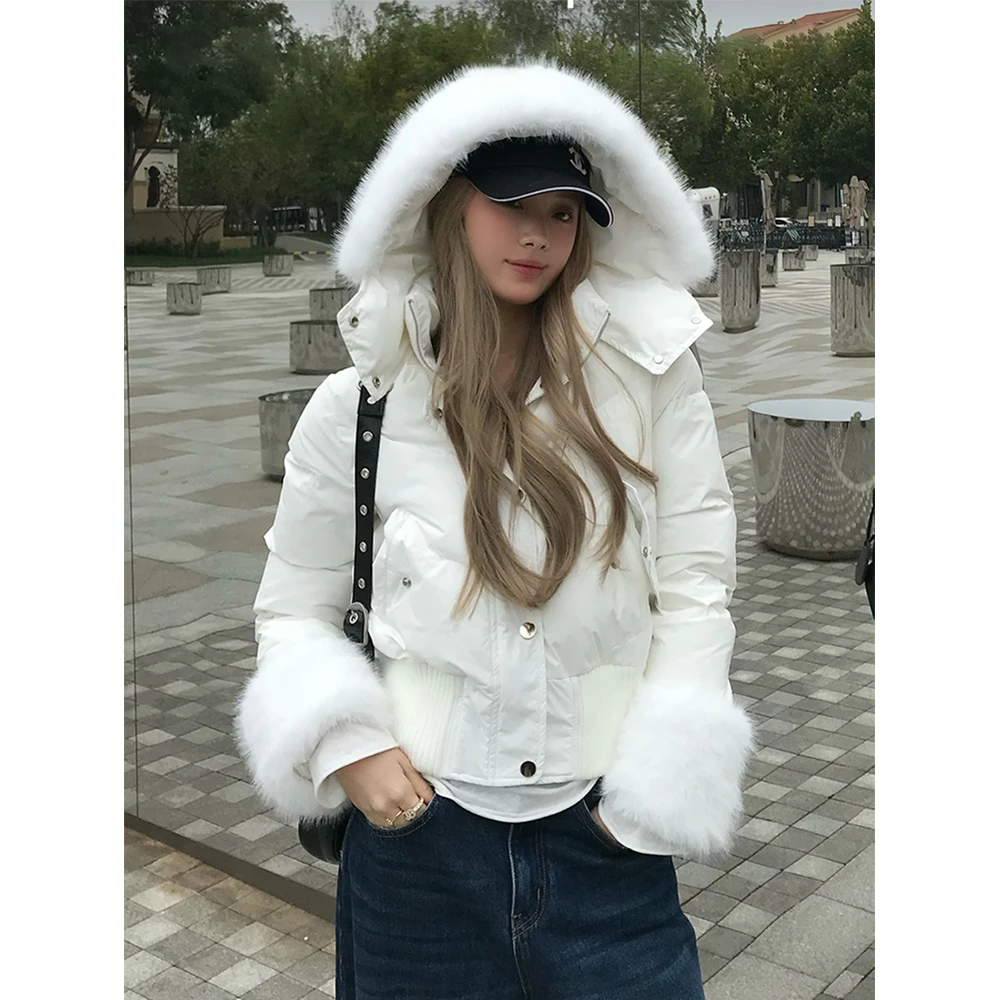 韩系大毛领连帽收腰白色棉衣棉服女冬季高级时尚气质加厚保暖外套