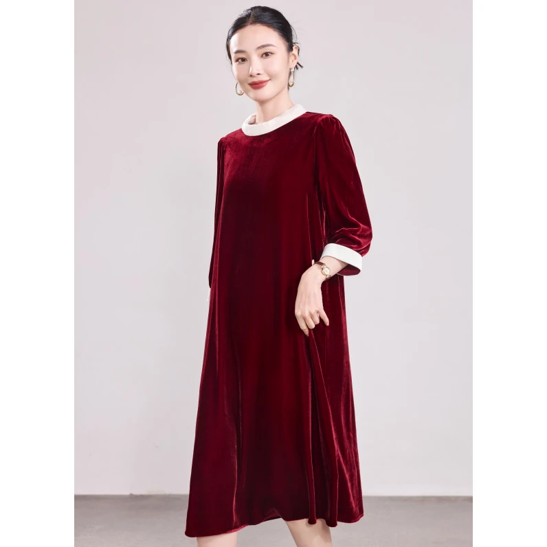 【杭州美田】100%桑蚕丝大牌拼接真丝丝绒连衣裙撞色裙子女R5962