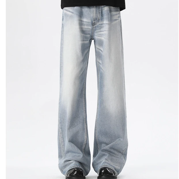 美式复古水洗毛须蓝色牛仔裤男秋季新款宽松直筒阔腿休闲直筒裤子