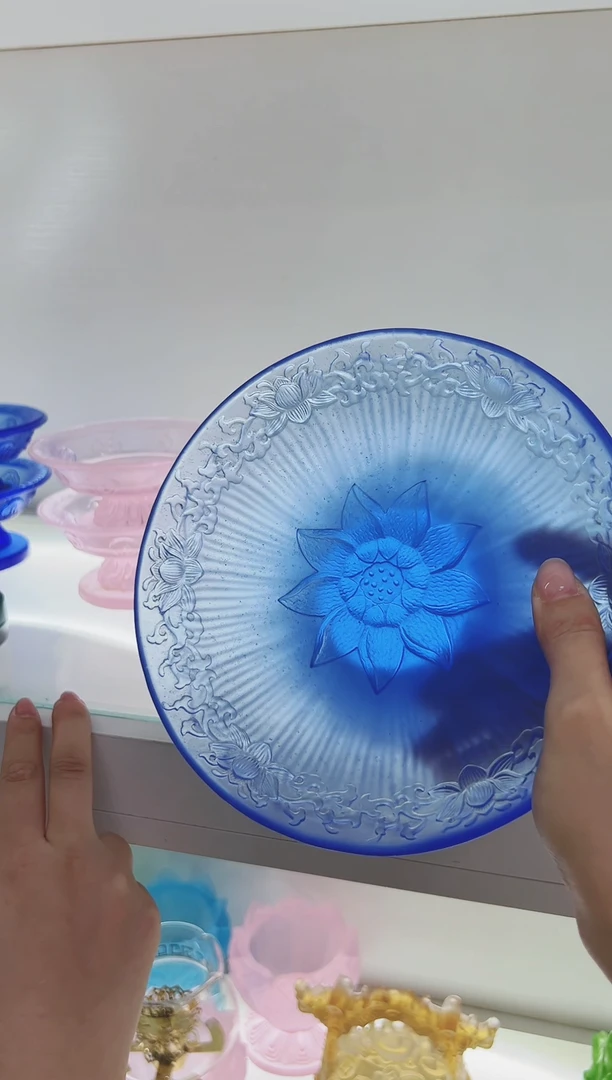 手工艺品琉璃云**梦古法琉璃蓝色供盘