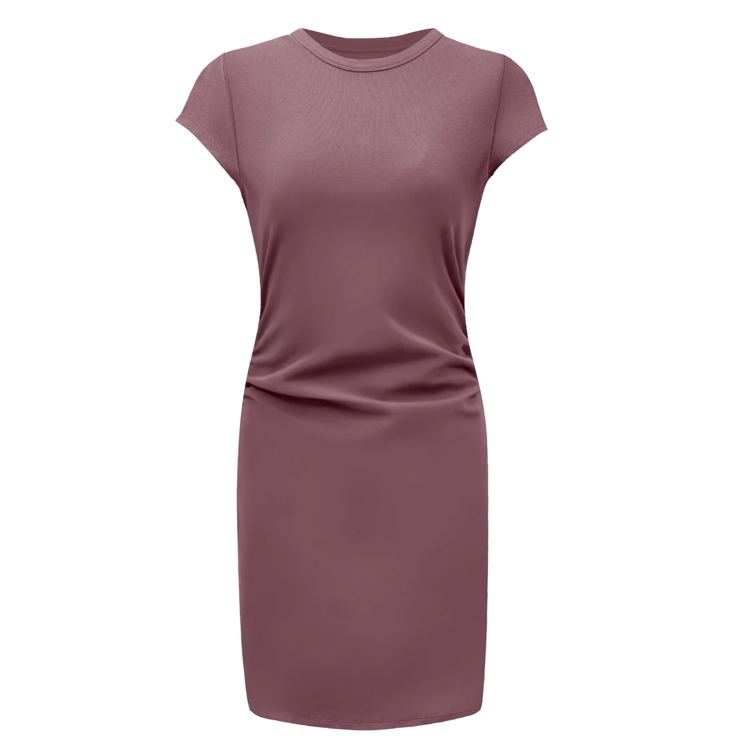 夏季新款收腰捏褶短袖短裙修身T恤裙连衣裙女8053